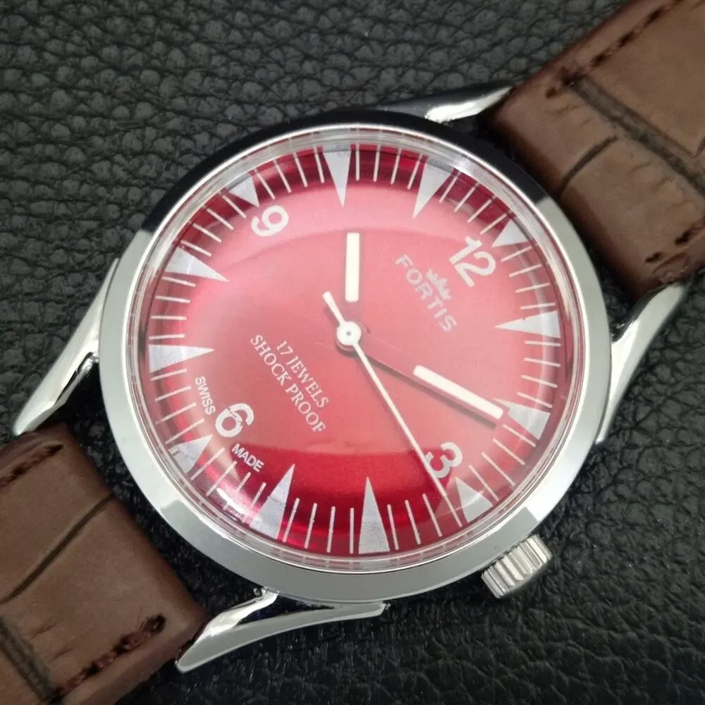 Vintage 1976 Fortis Manual Mens Silver Watch W/Leather Strap & Red accents